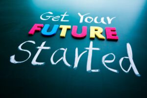 Get your future started concept. Colorful words on blackboard